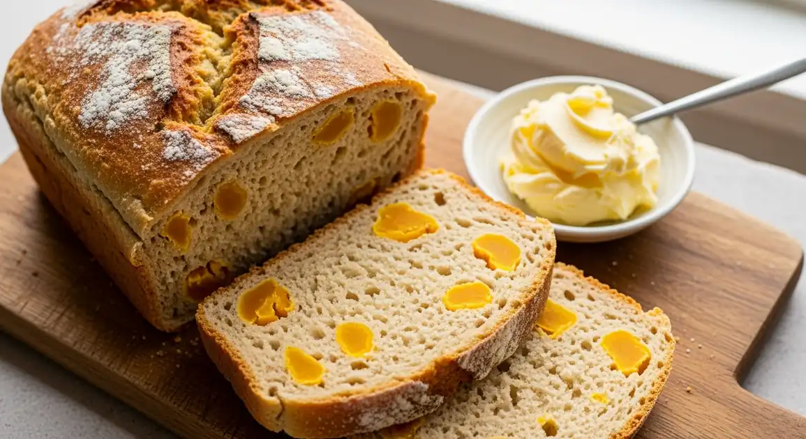 Professional food photography of authentic New Zealand kumara bread, presented as an overhead flat lay shot. A rustic loaf...