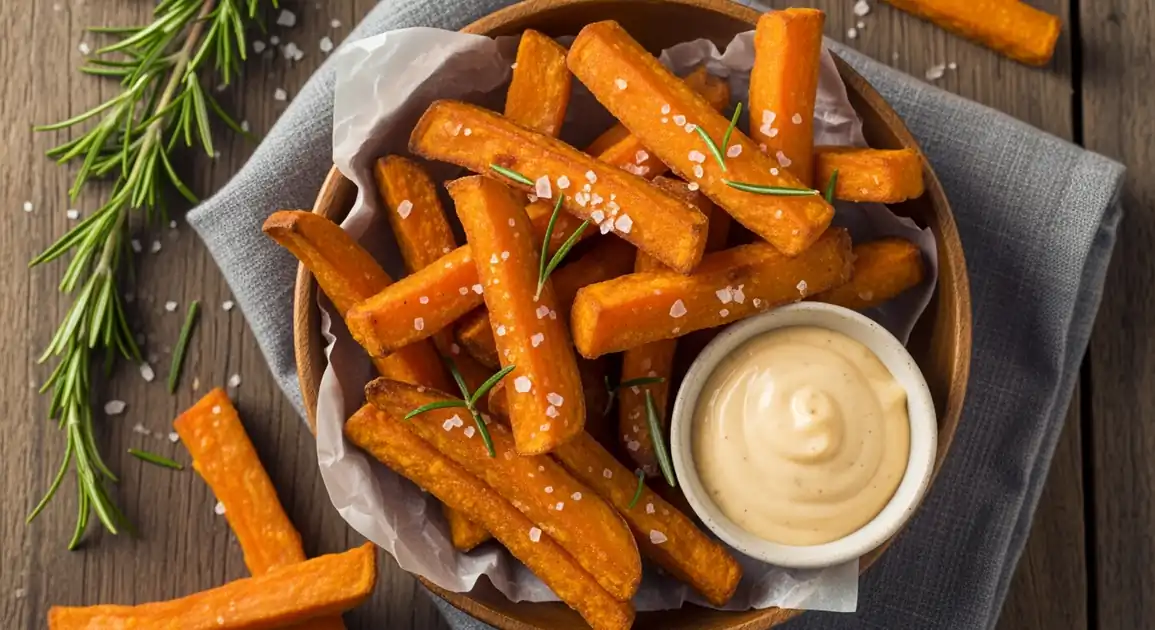Overhead view of authentic New Zealand kumara chips - golden-orange sweet potato fries with crispy edges and fluffy centers...
