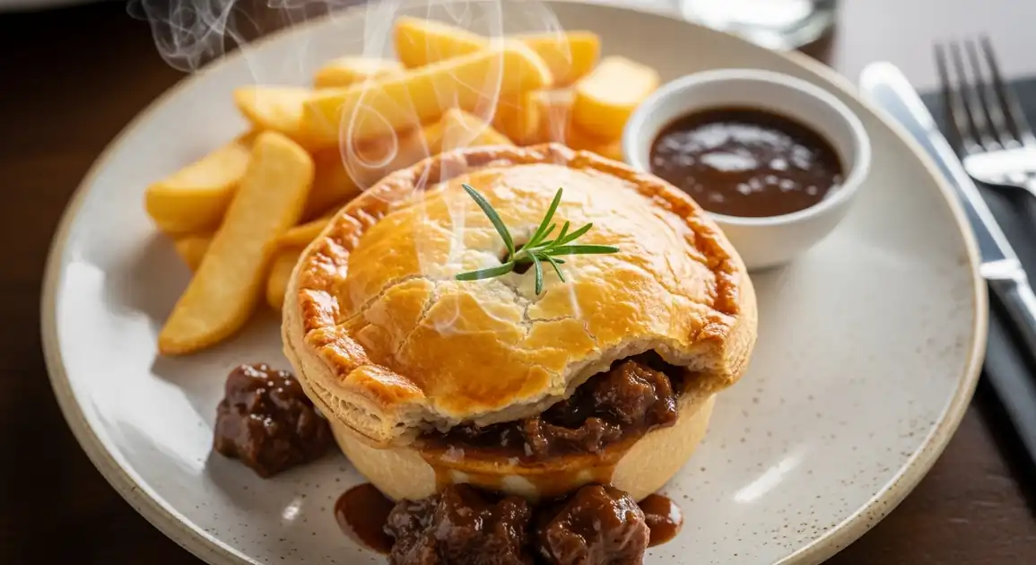 Authentic Lamb and Rosemary Pie from Australia, served plated in a pub setting with thick-cut chips and gravy, featuring a...