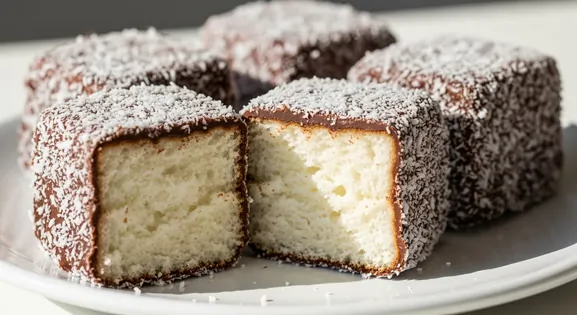Close-up isometric view of classic Australian Lamingtons, showing square sponge cakes coated in chocolate icing and desiccated coconut.