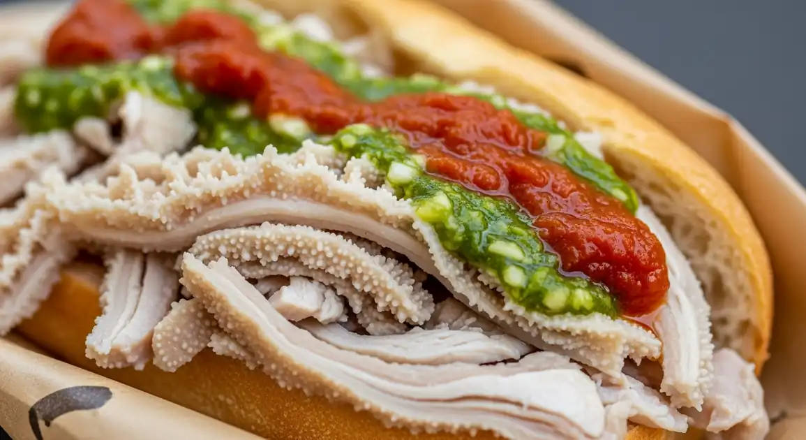 Professional close-up food photograph of an authentic Italian lampredotto sandwich from Florence. The image showcases thinly...