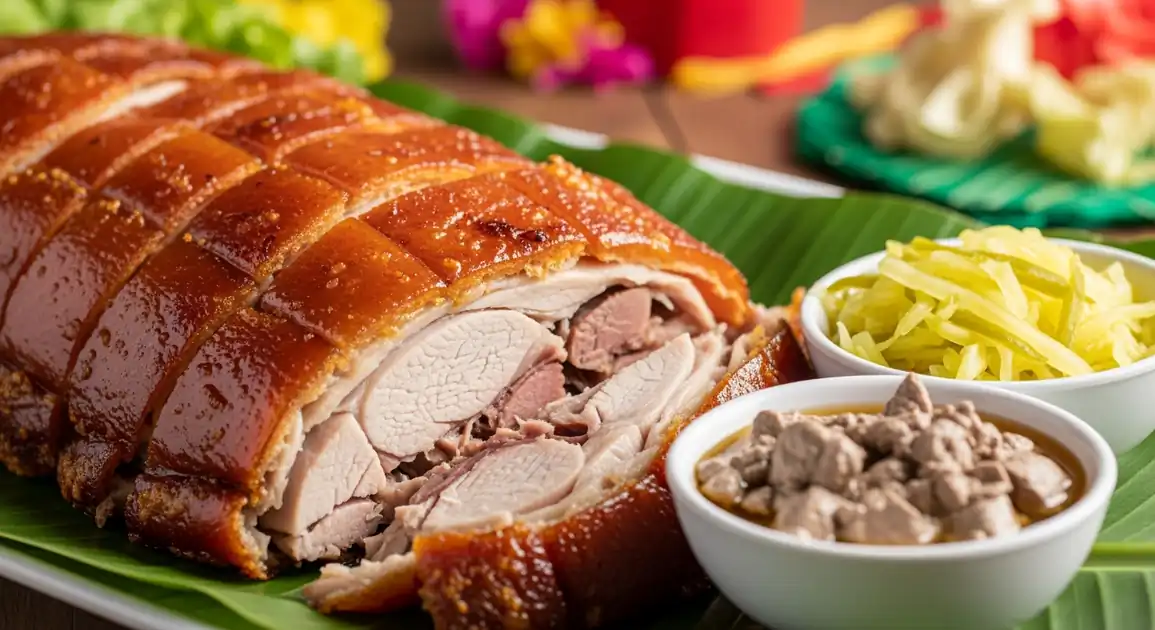 Professional food photography of authentic Filipino Lechon (roasted pig) section. Focus on crispy, golden-brown skin and...