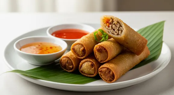 Crispy, golden-brown Filipino Lumpia spring rolls on a banana leaf-lined white plate, with sweet chili and spiced vinegar dips.
