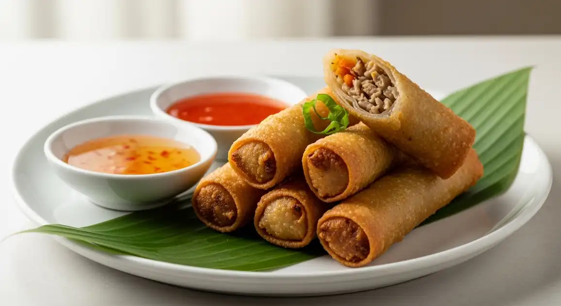 Close-up professional food photography of crispy, golden-brown Filipino Lumpia spring rolls on a banana leaf-lined white...