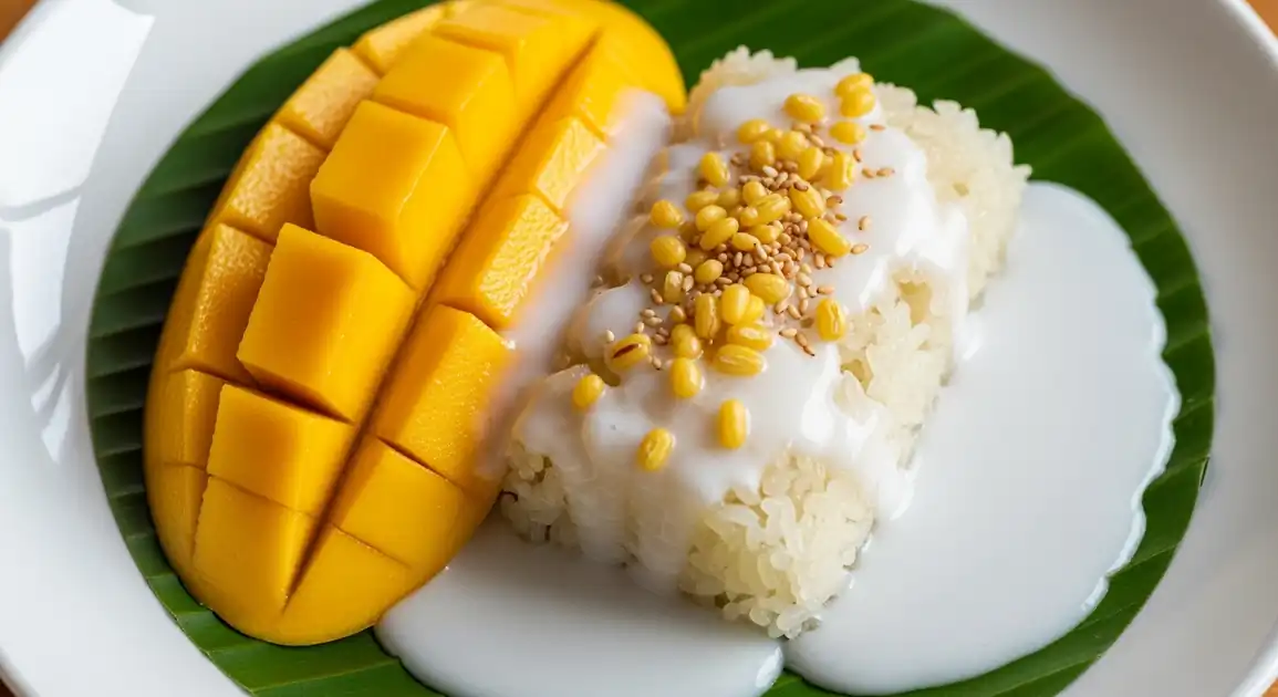 Authentic Thai Mango Sticky Rice with ripe Nam Dok Mai mango, sweet sticky rice, creamy coconut sauce, toasted mung beans...