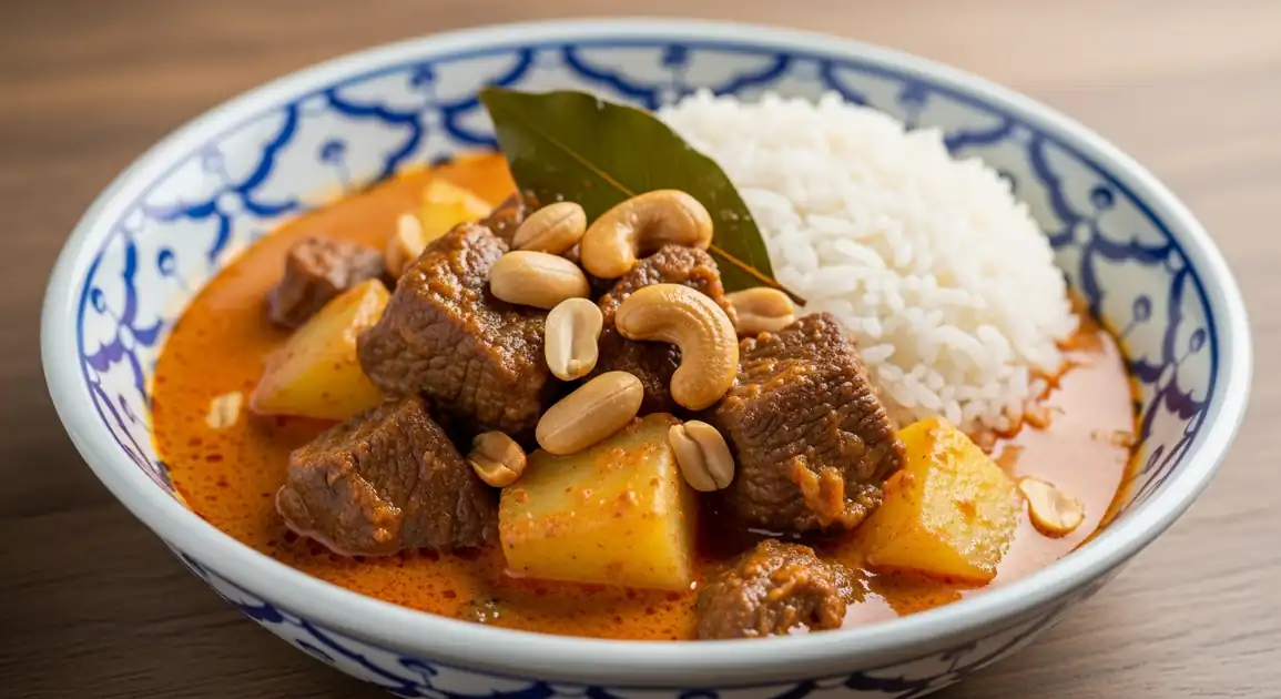 Professional food photography of authentic Thai Massaman Curry with tender beef, potatoes, roasted peanuts, and cashews in a...
