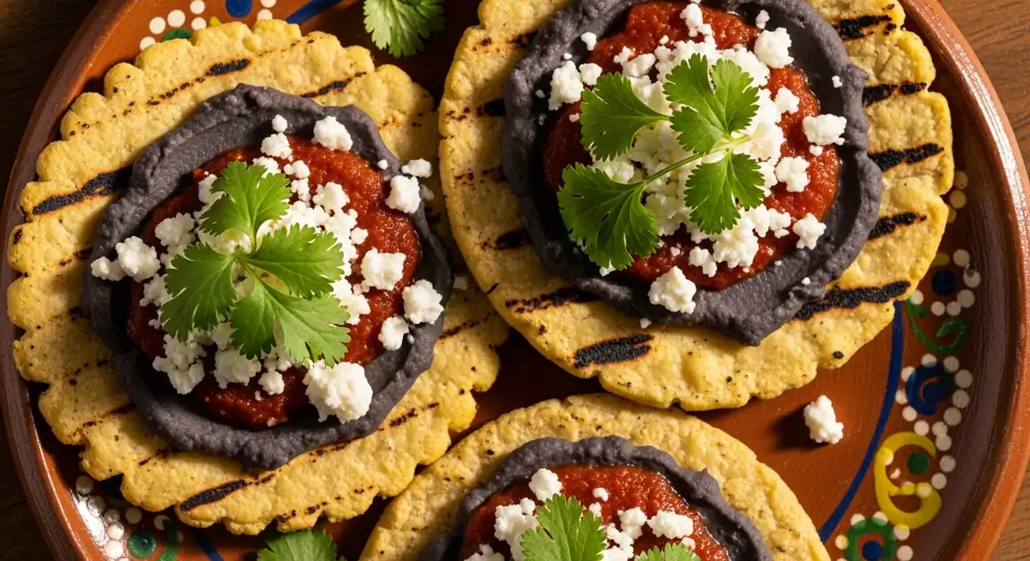 Overhead shot of authentic Oaxacan memelas on a colorful clay plate. Thick corn masa patties with pinched edges, topped with...