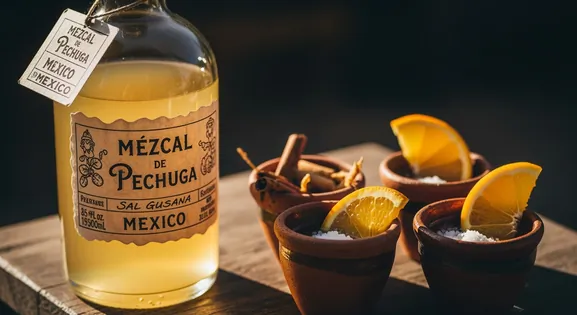 Authentic Mexican Mezcal de Pechuga in a traditional glass bottle, with amber-gold liquid, served with copitas, orange, and sal de gusano.