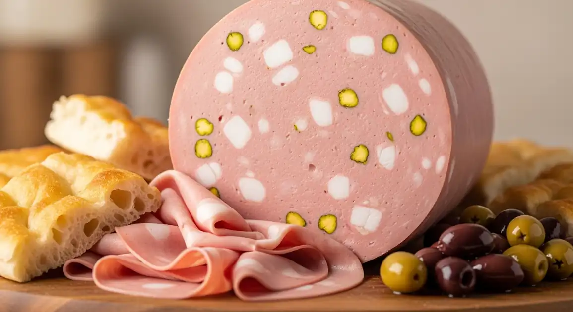 Professional food photography of a large, thin slice of authentic Italian Mortadella di Bologna, displaying its smooth pink...