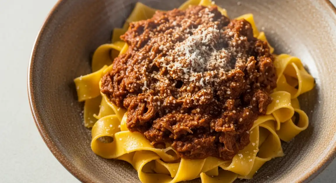 Authentic Italian pappardelle al cinghiale from Tuscany: wide handmade egg pasta with rich shredded wild boar ragu, topped...