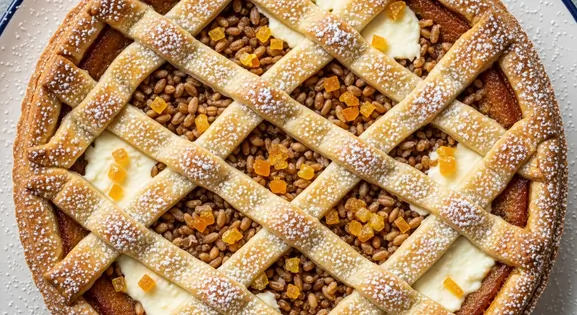 Overhead view of authentic Neapolitan Pastiera, an Italian Easter tart with lattice crust, creamy wheat berry and ricotta filling.