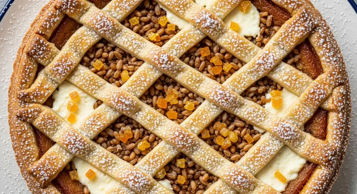 Overhead view of authentic Neapolitan Pastiera, an Italian Easter tart with lattice crust, creamy wheat berry and ricotta...