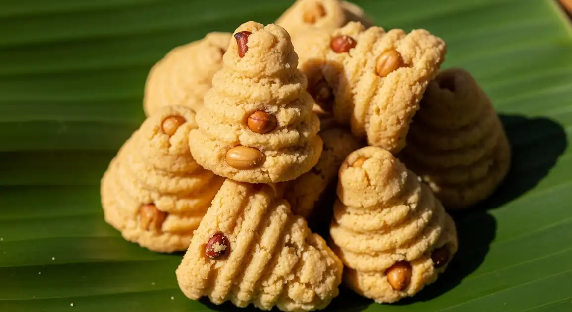 Close-up of authentic Filipino Peanut Kisses from Bohol; cone-shaped golden-brown cookies with visible peanut pieces...