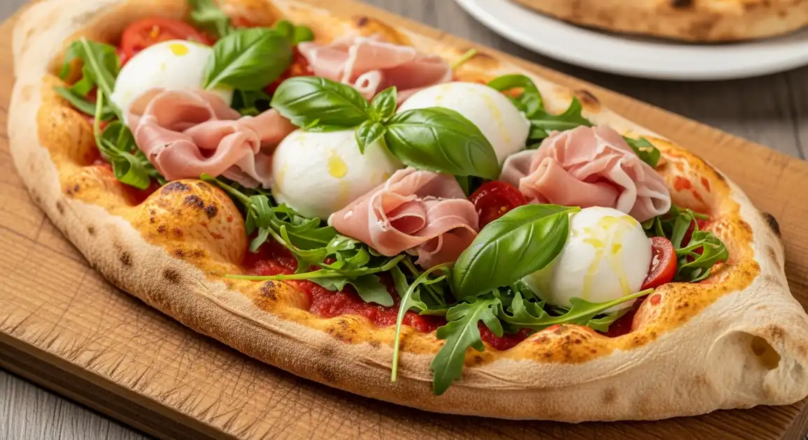 Professional food photography of authentic Roman Pinsa, oval flatbread with airy, bubbly crust, topped with tomato...