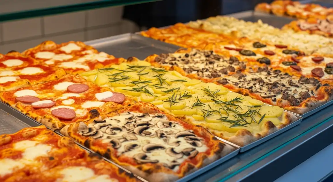 Eye-level view of authentic Italian Pizza al Taglio slices displayed in a Roman pizzeria window, showcasing rectangular...