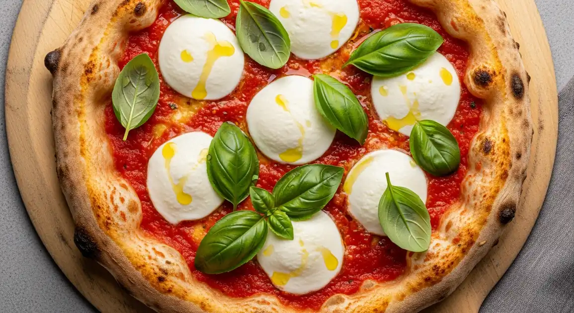 Overhead view of authentic Italian Pizza Margherita from Naples with a thin, slightly charred crust and puffy rim, topped...