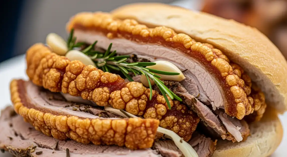 Close-up professional food photography of authentic Italian Porchetta, showcasing thick slices of slow-roasted pork with...