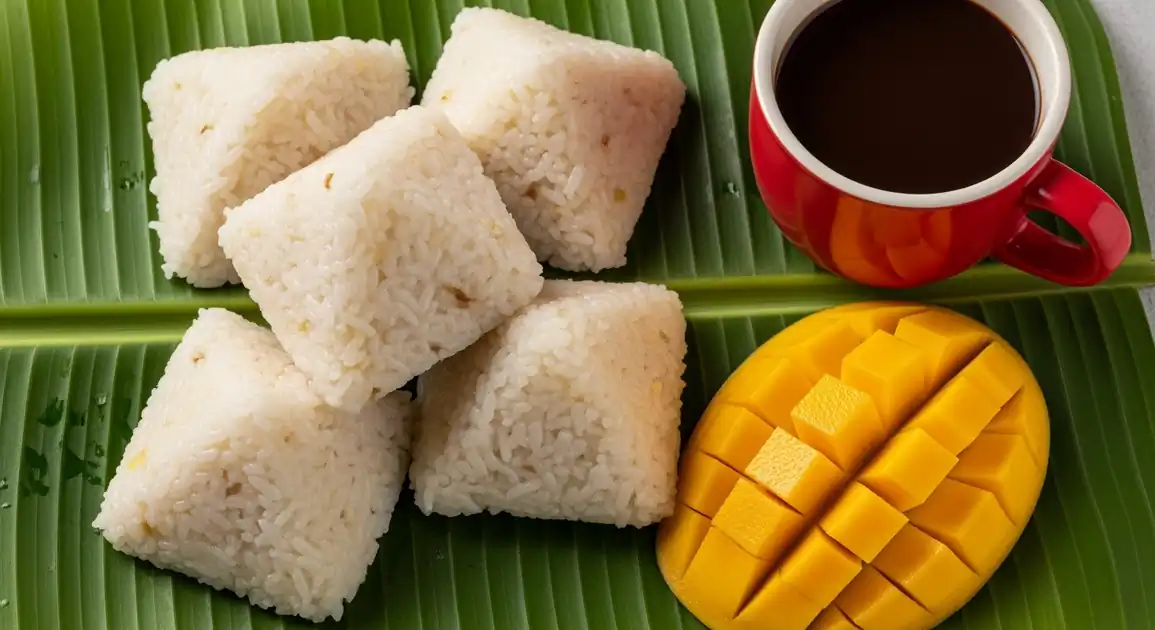 Authentic Filipino Puto Maya: pyramid-shaped glutinous rice cakes with ginger, on banana leaves with ripe mango slices and a...