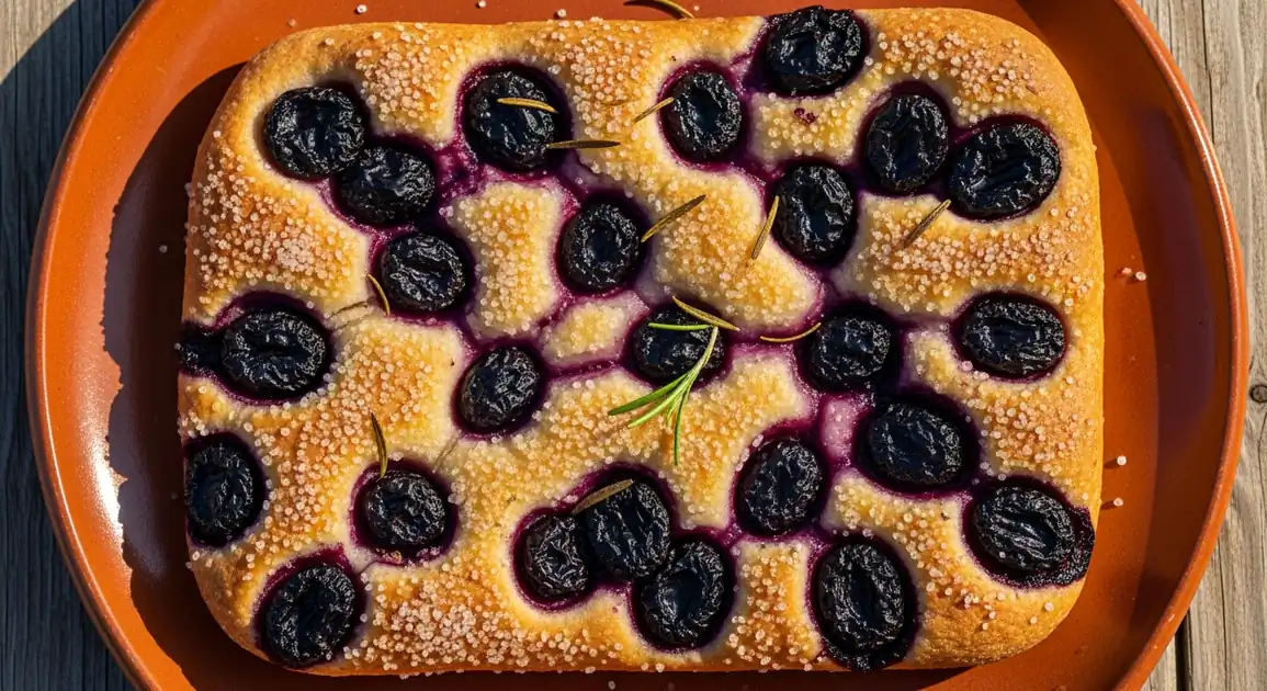 Traditional Schiacciata con l'uva from Florence, Italy - a rustic rectangular flatbread with dark purple wine grapes pressed...