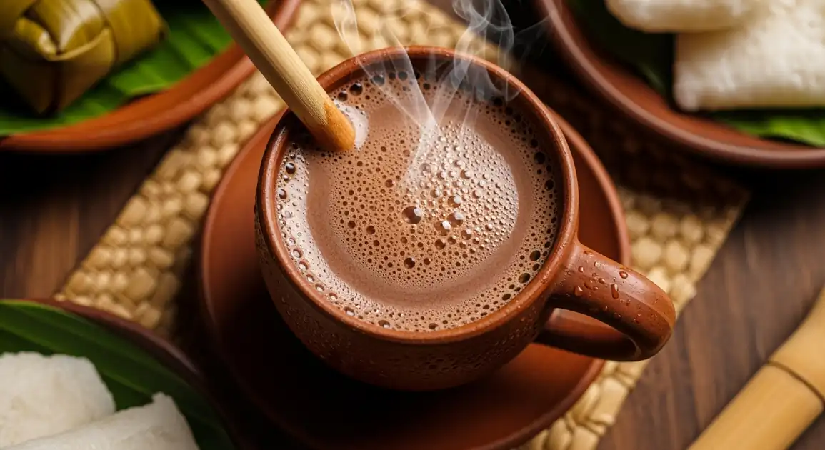 Top-down view of authentic Filipino Sikwate from the Philippines, steaming in a traditional earthenware cup, showing rich...