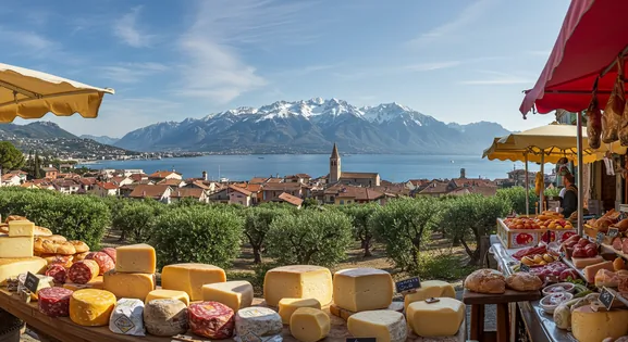 A culinary map of Europe, showing Alpine peaks, Mediterranean coasts, and markets with cheese, wine, and fresh bread.