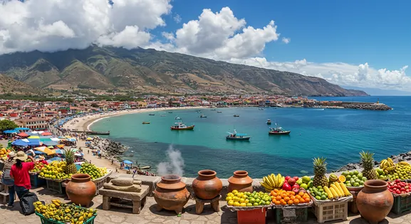 A culinary panorama of Latin America, showing Andean peaks, Caribbean seas, and vibrant market produce.