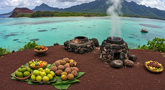 A culinary vista of Oceania, featuring turquoise lagoons, a traditional earth oven, and tropical produce.