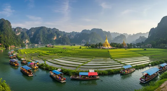A culinary tableau of Southeast Asia, showcasing terraced rice paddies, bustling food stalls, and iconic temple spires.